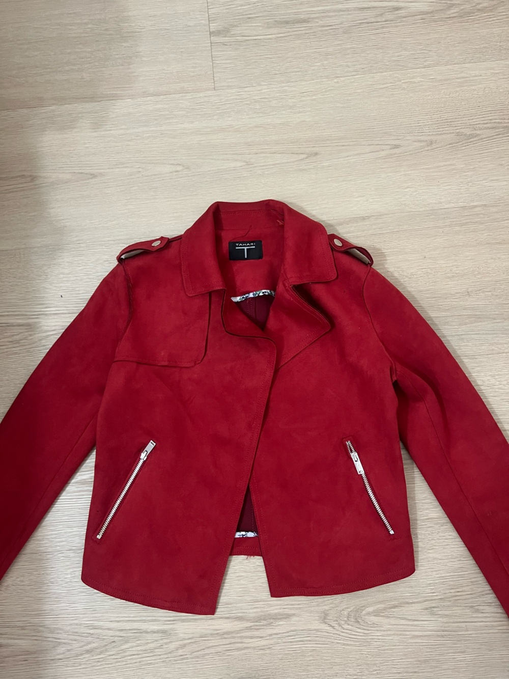 Tahari Red Suede Moto Jacket with Silver Zippers